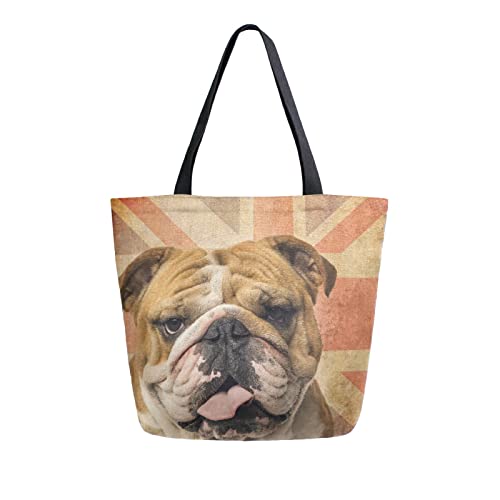 Anantty Englisch Bulldogge Hund Canvas Tote Bag Damen Einkaufstasche Bag Tragetasche Wiederverwendbare Tasche Handtasche mit Innentasche für Shopper Reisetasche von Anantty