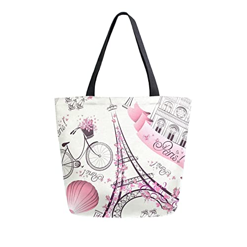 Anantty Frankreich Paris Eiffelturm Canvas Tote Bag Damen Einkaufstasche Bag Tragetasche Wiederverwendbare Tasche Handtasche mit Innentasche für Shopper Reisetasche von Anantty