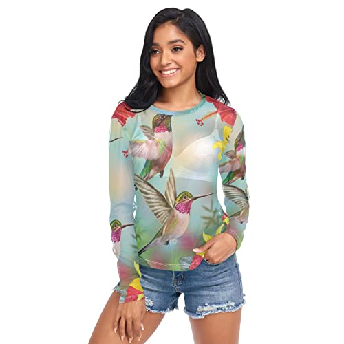 Anantty Frauen Casual Tops T Shirt Floral Tropical Bird Kolibri Langarm Shirts Tunika Tops Mesh Longline Shirt Rundhals Pullover, mehrfarbig, M von Anantty