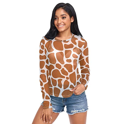 Anantty Frauen Casual Tops T Shirt Tier Giraffe Haut Print Langarm Shirts Tunika Tops Mesh Longline Shirt Rundhals Pullover, mehrfarbig, X-Large von Anantty