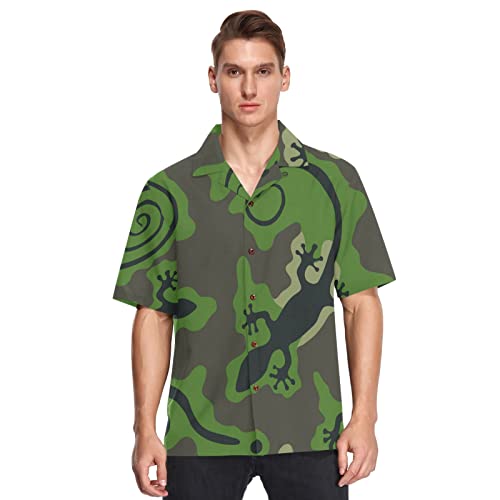 Anantty Herren Hawaii-Hemden Grün Camo Gecko Reptilien Strand Hemden Button Down Kurzarm Casual Aloha Shirts Kurzarm, mehrfarbig, XXL von Anantty
