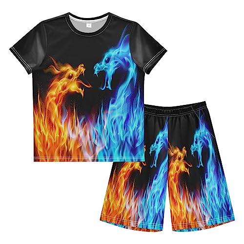 Anantty Kinder Jungen Schlafanzug Set Abstrakt Feurig Drachen Druck Shorty Pyjamaset Nachtwäsche Kurzarm Pyjamas Sommer Kurzarm Sets Outfit von Anantty