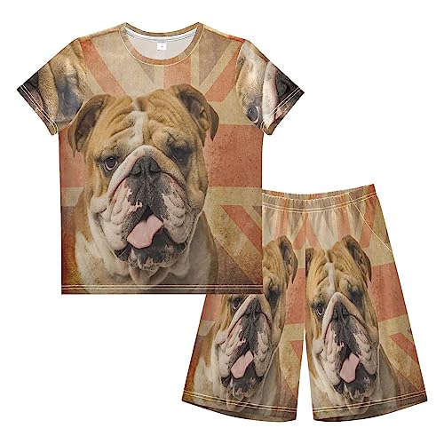 Anantty Kinder Jungen Schlafanzug Set Englisch Bulldogge Hund Shorty Pyjamaset Nachtwäsche Kurzarm Pyjamas Sommer Kurzarm Sets Outfit von Anantty