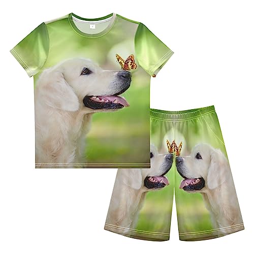 Anantty Kinder Jungen Schlafanzug Set Golden Retriever Hund mit Schmetterling Shorty Pyjamaset Nachtwäsche Kurzarm Pyjamas Sommer Kurzarm Sets Outfit von Anantty