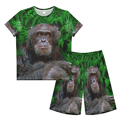 Anantty Kinder Jungen Schlafanzug Set Gorilla Grün Blätter AFFE Shorty Pyjamaset Nachtwäsche Kurzarm Pyjamas Sommer Kurzarm Sets Outfit von Anantty