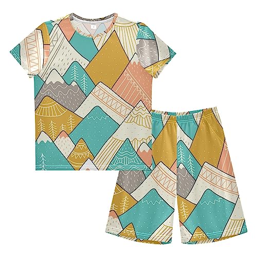 Anantty Kinder Jungen Schlafanzug Set Jahrgang Berge im skandinavischen Stil Shorty Pyjamaset Nachtwäsche Kurzarm Pyjamas Sommer Kurzarm Sets Outfit von Anantty