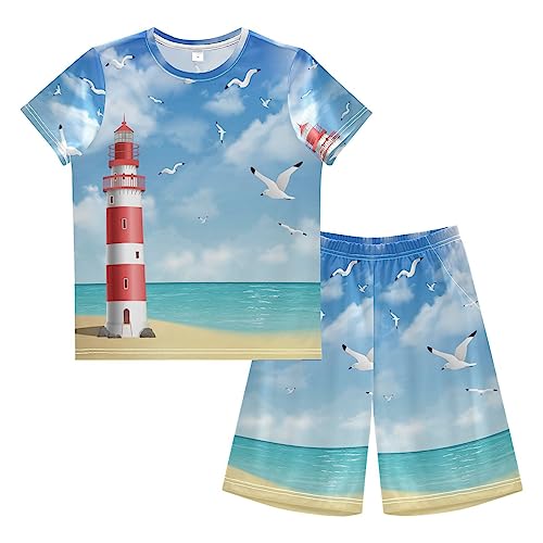 Anantty Kinder Jungen Schlafanzug Set Jahrgang Leuchtturm Ozean Meer Shorty Pyjamaset Nachtwäsche Kurzarm Pyjamas Sommer Kurzarm Sets Outfit von Anantty