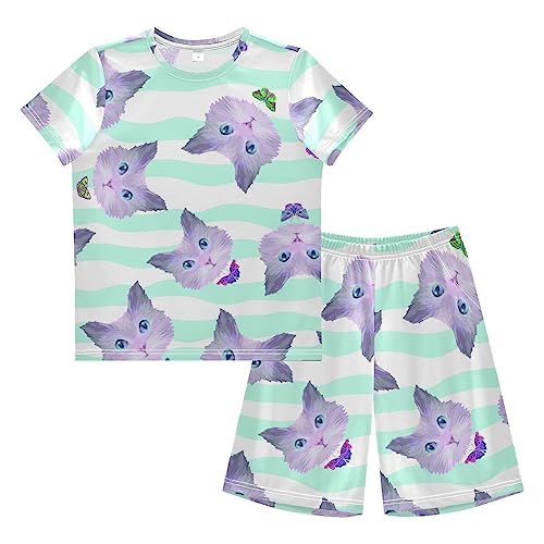 Anantty Kinder Jungen Schlafanzug Set Süß Katze Gesicht Shorty Pyjamaset Nachtwäsche Kurzarm Pyjamas Sommer Kurzarm Sets Outfit von Anantty