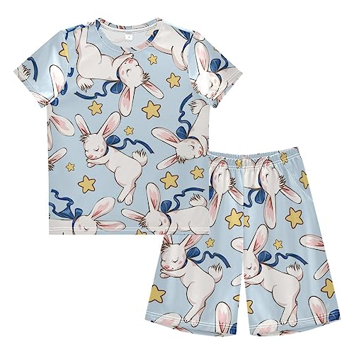 Anantty Kinder Jungen Schlafanzug Set Süß Schlafen Hase Star Shorty Pyjamaset Nachtwäsche Kurzarm Pyjamas Sommer Kurzarm Sets Outfit von Anantty