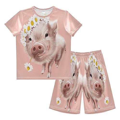 Anantty Kinder Jungen Schlafanzug Set Süß Schwein Blumen Gänseblümchen Shorty Pyjamaset Nachtwäsche Kurzarm Pyjamas Sommer Kurzarm Sets Outfit von Anantty