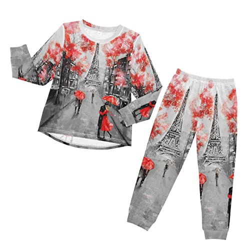 Anantty Kinder-Pyjama-Set, Eiffelturm, Paris-Liebhaber, rotes Pyjama-Set, langärmeliges Oberteil, Loungewear, Nachtwäsche für Jungen und Mädchen, mehrfarbig, 8 Jahre von Anantty