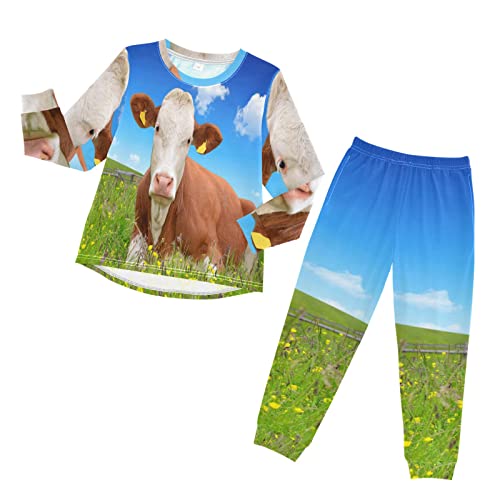 Anantty Kinder-Pyjama-Set, niedliche Kuh auf der Wiese Pyjama-Set, langärmelig, Top-Hose, Loungewear, Nachtwäsche für Jungen und Mädchen, mehrfarbig, 3 Jahre von Anantty