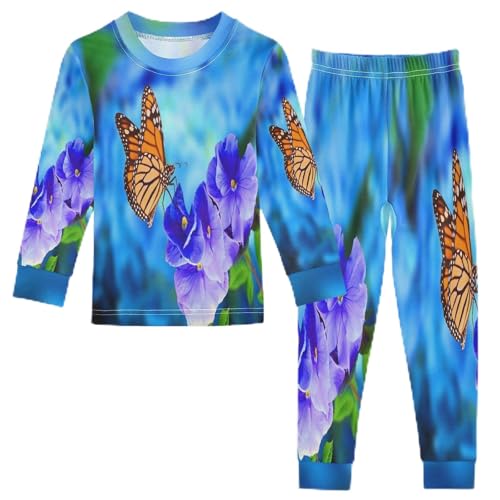 Anantty Kinder Schlafanzug Set Blumen Blume Schmetterling Baumwolle Langarm Nachtwäsche Zweiteiliger Pyjama Sets für Mädchen Jungen von Anantty