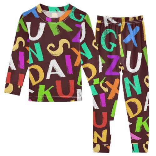 Anantty Kinder Schlafanzug Set Bunt Letters Alphabet Baumwolle Langarm Nachtwäsche Zweiteiliger Pyjama Sets für Mädchen Jungen von Anantty