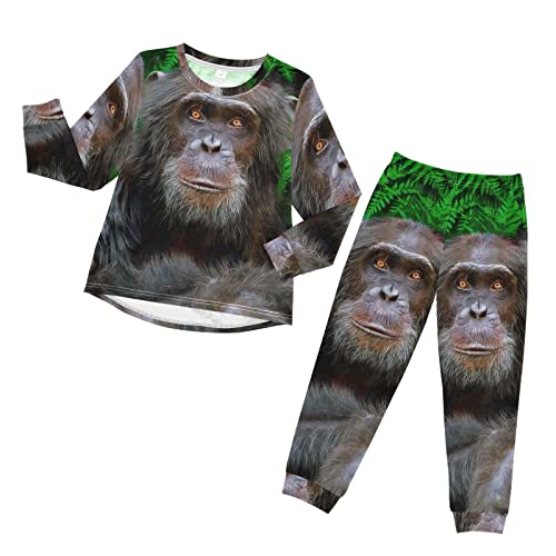 Anantty Kinder Schlafanzug-Set Gorilla Grün Blätter AFFE Pyjama Woman Set, Lang Nachtwäsche Hausanzug Negligee Sleepwear für Jungen Mädchen von Anantty