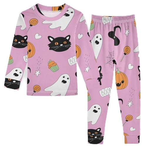 Anantty Kinder Schlafanzug Set Halloween Nett Kürbis Geist schwarz Katze Baumwolle Langarm Nachtwäsche Zweiteiliger Pyjama Sets für Mädchen Jungen von Anantty