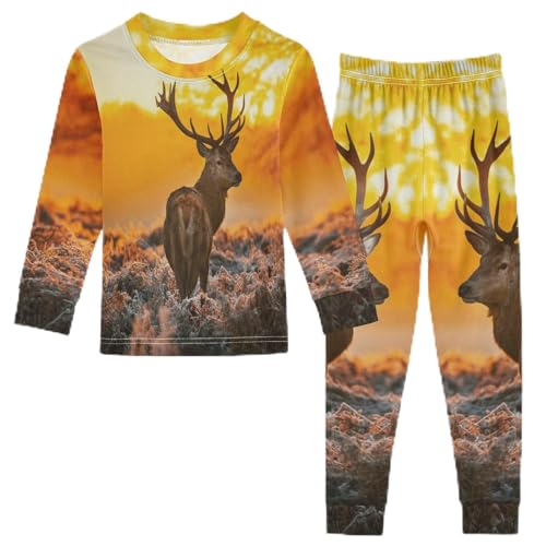Anantty Kinder Schlafanzug Set Jahrgang Hirsch Geweih Baumwolle Langarm Nachtwäsche Zweiteiliger Pyjama Sets für Mädchen Jungen von Anantty