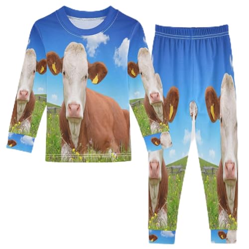 Anantty Kinder Schlafanzug Set Schön Kuh auf der Wiese Baumwolle Langarm Nachtwäsche Zweiteiliger Pyjama Sets für Mädchen Jungen von Anantty