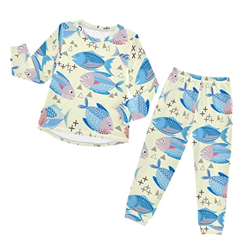 Anantty Kinder Schlafanzug-Set Süß Fisch Pyjama Woman Set, Lang Nachtwäsche Hausanzug Negligee Sleepwear für Jungen Mädchen von Anantty