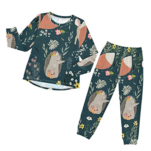 Anantty Kinder Schlafanzug-Set Süß Igel Fuchs Hirsch Pyjama Woman Set, Lang Nachtwäsche Hausanzug Negligee Sleepwear für Jungen Mädchen von Anantty