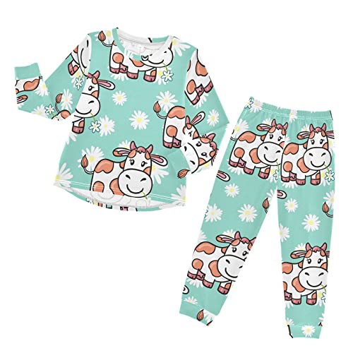 Anantty Kinder Schlafanzug-Set Süß Karikatur Kuh Gänseblümchen Pyjama Woman Set, Lang Nachtwäsche Hausanzug Negligee Sleepwear für Jungen Mädchen von Anantty