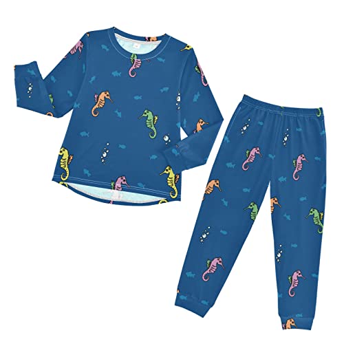 Anantty Kinder Schlafanzug-Set Süß Karikatur Seepferdchen Pyjama Woman Set, Lang Nachtwäsche Hausanzug Negligee Sleepwear für Jungen Mädchen von Anantty