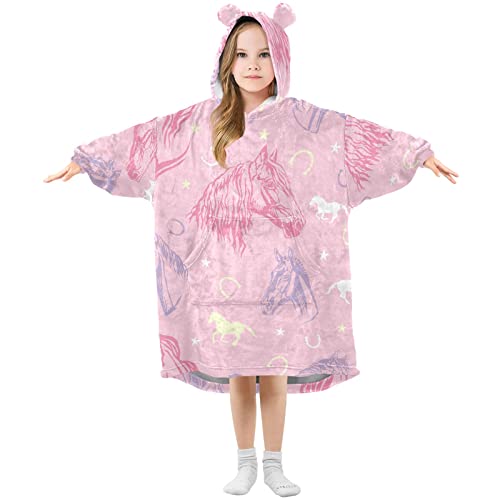 Anantty Kinder Übergroße Hoodie Decke Rosa Pferd Oversized Pullover Sweatshirt Flanell Plüsch Kapuzenpullover Kuschelpullover Für Junge Mädchen von Anantty