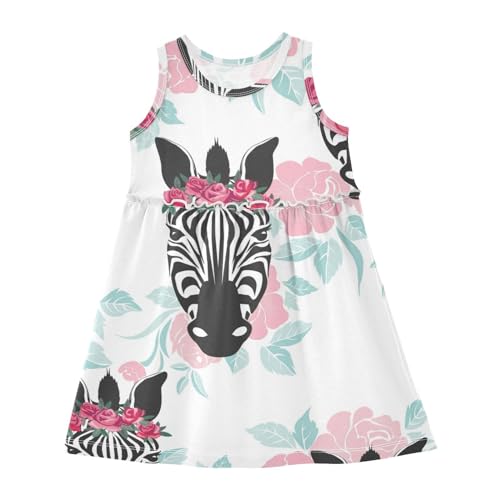 Anantty Mädchen Kleider Blumen Zebra Druck Ärmellos Sommerkleid Baumwolle Kleid 2-8 Jahre von Anantty
