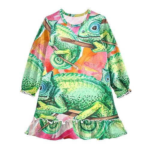 Anantty Mädchen Nachthemd Aquarell Chamäleon Langarm Schlafanzug Kleider Nachtwäsche Nightdress Pyjamas von Anantty