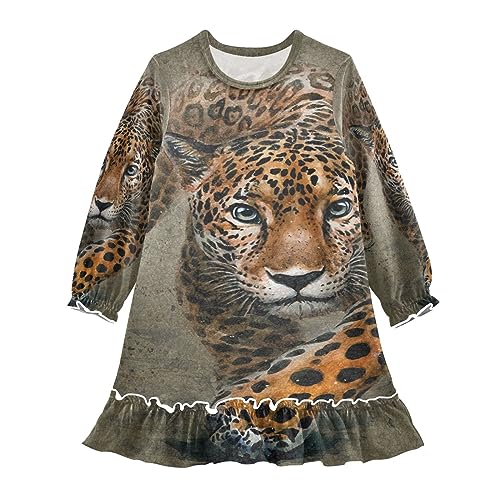 Anantty Mädchen Nachthemd Aquarell Tier Leopard Langarm Schlafanzug Kleider Nachtwäsche Nightdress Pyjamas von Anantty