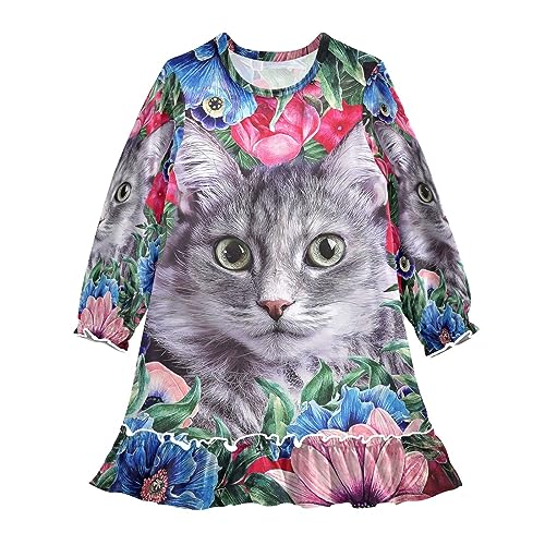 Anantty Mädchen Nachthemd Blumen Blume Katze Langarm Schlafanzug Kleider Nachtwäsche Nightdress Pyjamas von Anantty