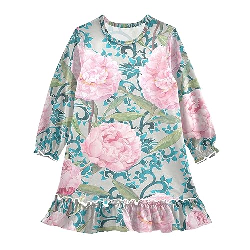 Anantty Mädchen Nachthemd Blumen Pfingstrose Muster Langarm Schlafanzug Kleider Nachtwäsche Nightdress Pyjamas von Anantty