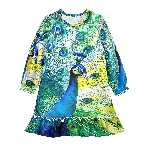 Anantty Mädchen Nachthemd Bunt Pfau Schwanz Gefieder Langarm Schlafanzug Kleider Nachtwäsche Nightdress Pyjamas von Anantty