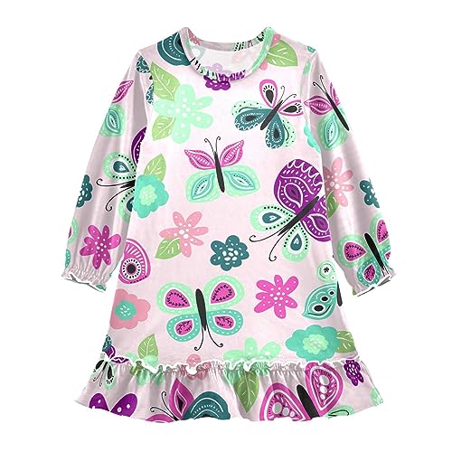 Anantty Mädchen Nachthemd Bunt Schmetterling Muster Langarm Schlafanzug Kleider Nachtwäsche Nightdress Pyjamas von Anantty