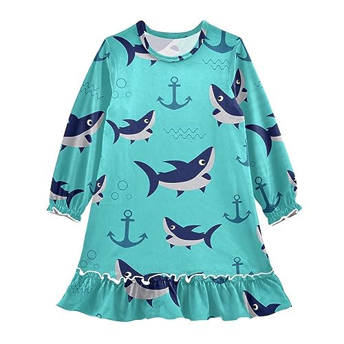 Anantty Mädchen Nachthemd Ozean Meer Anker Hai Langarm Schlafanzug Kleider Nachtwäsche Nightdress Pyjamas von Anantty