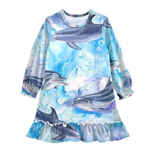 Anantty Mädchen Nachthemd Ozean Meer Delfin Langarm Schlafanzug Kleider Nachtwäsche Nightdress Pyjamas von Anantty