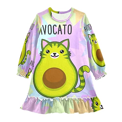 Anantty Mädchen Nachthemd Süß Karikatur Avocado Katze Langarm Schlafanzug Kleider Nachtwäsche Nightdress Pyjamas von Anantty