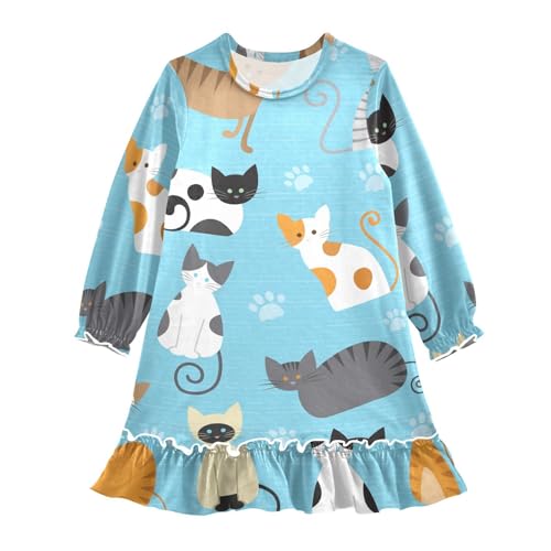 Anantty Mädchen Nachthemd Süß Karikatur Katze Langarm Schlafanzug Kleider Nachtwäsche Nightdress Pyjamas von Anantty