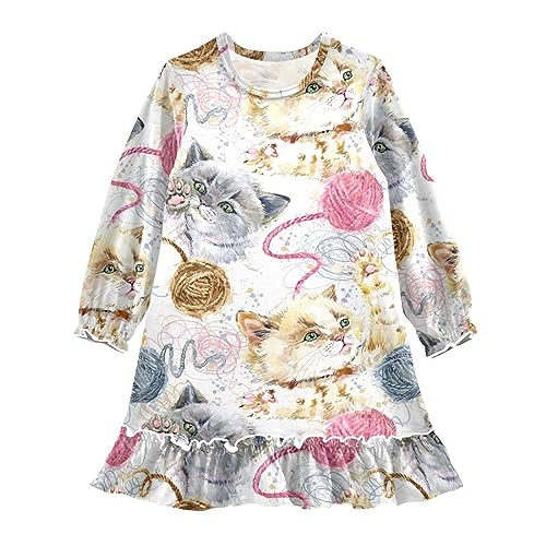 Anantty Mädchen Nachthemd Süß Katze Kätzchen Wollknäuel Langarm Schlafanzug Kleider Nachtwäsche Nightdress Pyjamas von Anantty