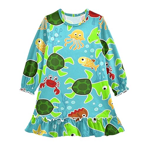 Anantty Mädchen Nachthemd Süß Marine Tier Schildkröte Fisch Langarm Schlafanzug Kleider Nachtwäsche Nightdress Pyjamas von Anantty
