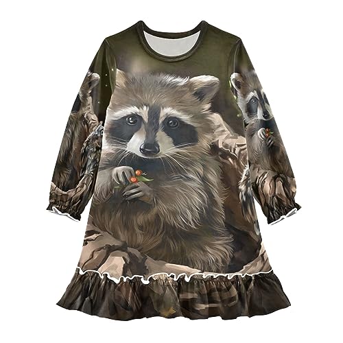 Anantty Mädchen Nachthemd Süß Tier Waschbär Langarm Schlafanzug Kleider Nachtwäsche Nightdress Pyjamas von Anantty