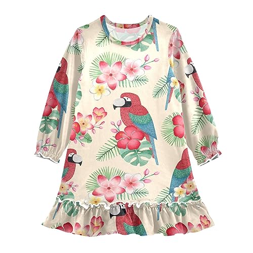 Anantty Mädchen Nachthemd Tropisch Blume Blätter Papagei Langarm Schlafanzug Kleider Nachtwäsche Nightdress Pyjamas von Anantty