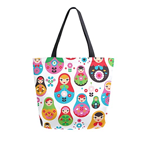 Anantty Retro Russische Puppe Canvas Tote Bag Damen Einkaufstasche Bag Tragetasche Wiederverwendbare Tasche Handtasche mit Innentasche für Shopper Reisetasche von Anantty