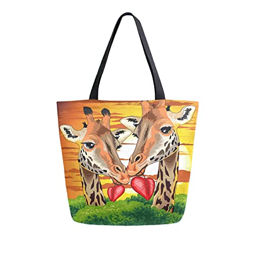 Anantty Tier Giraffe Sonnenuntergang Canvas Tote Bag Damen Einkaufstasche Bag Tragetasche Wiederverwendbare Tasche Handtasche mit Innentasche für Shopper Reisetasche von Anantty