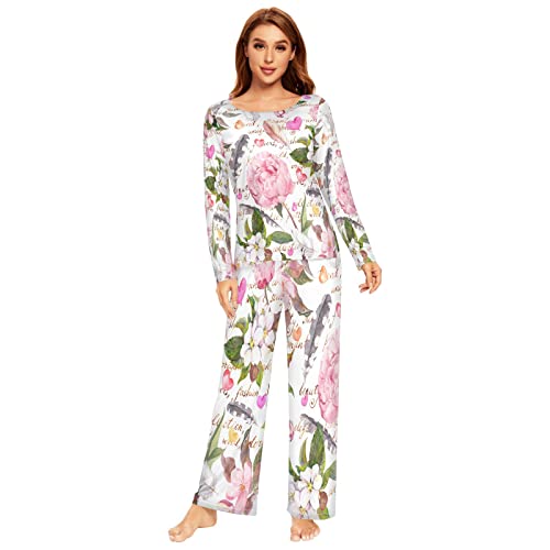 Damen-Pyjama-Set, Blume, Pfingstrosen, Feder, Herz, Pyjama-Set, langärmelig, lange Hose, 2-teilig, Loungewear, Nachtwäsche, mehrfarbig, 38 von Anantty