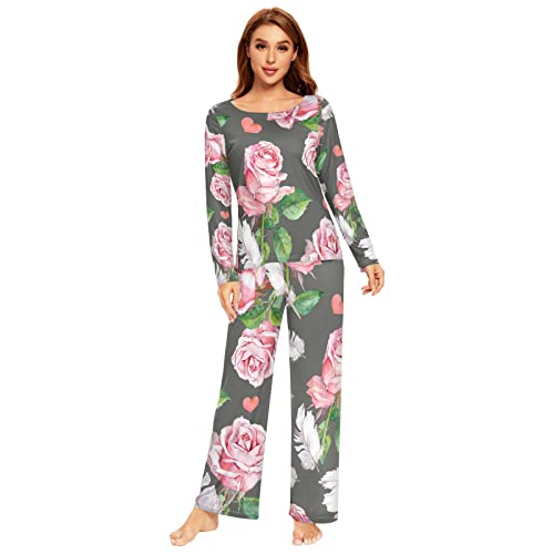 Damen-Pyjama-Set, Blumen-Rosenfedern, Pyjama-Set, langärmelig, lange Hose, 2-teilig, Loungewear, Nachtwäsche, mehrfarbig, 38 von Anantty