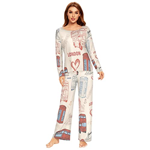 Damen-Pyjama-Set, Motiv: Love London, langärmelig, Oberteil, lange Hose, 2-teilig, Loungewear, Nachtwäsche, mehrfarbig, 36 von Anantty