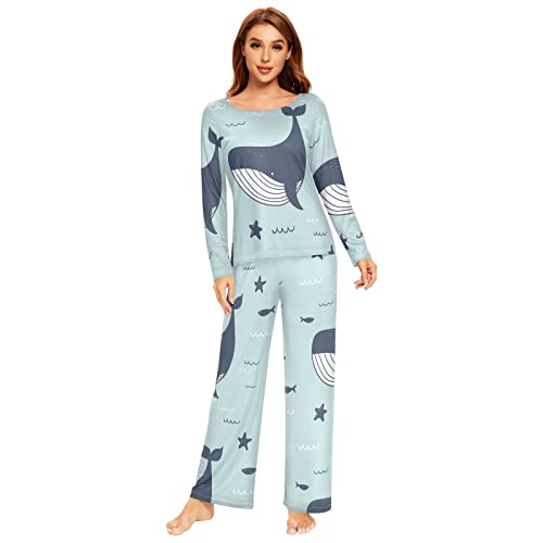 Damen-Pyjama-Set, Wale, Delfine, Seastars, Pyjama-Set, langärmelig, lange Hose, 2-teilig, Loungewear, Nachtwäsche, mehrfarbig, 46 von Anantty