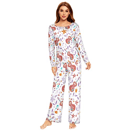 Damen-Pyjama-Set, niedliche Blume, Gitarre, Musiknoten, Pyjama-Set, langärmelig, lange Hose, 2-teilig, Loungewear, Nachtwäsche, mehrfarbig, 38 von Anantty