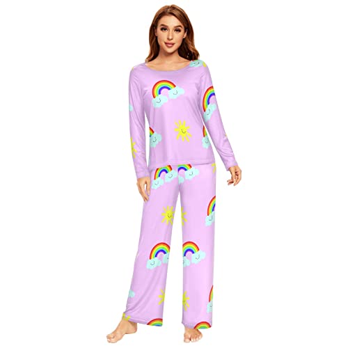 Damen-Pyjama-Set, niedliches Regenbogen-Sonnenmuster, Pyjama-Set, langärmelig, lange Hose, 2-teilig, Loungewear, Nachtwäsche, mehrfarbig, 46 von Anantty